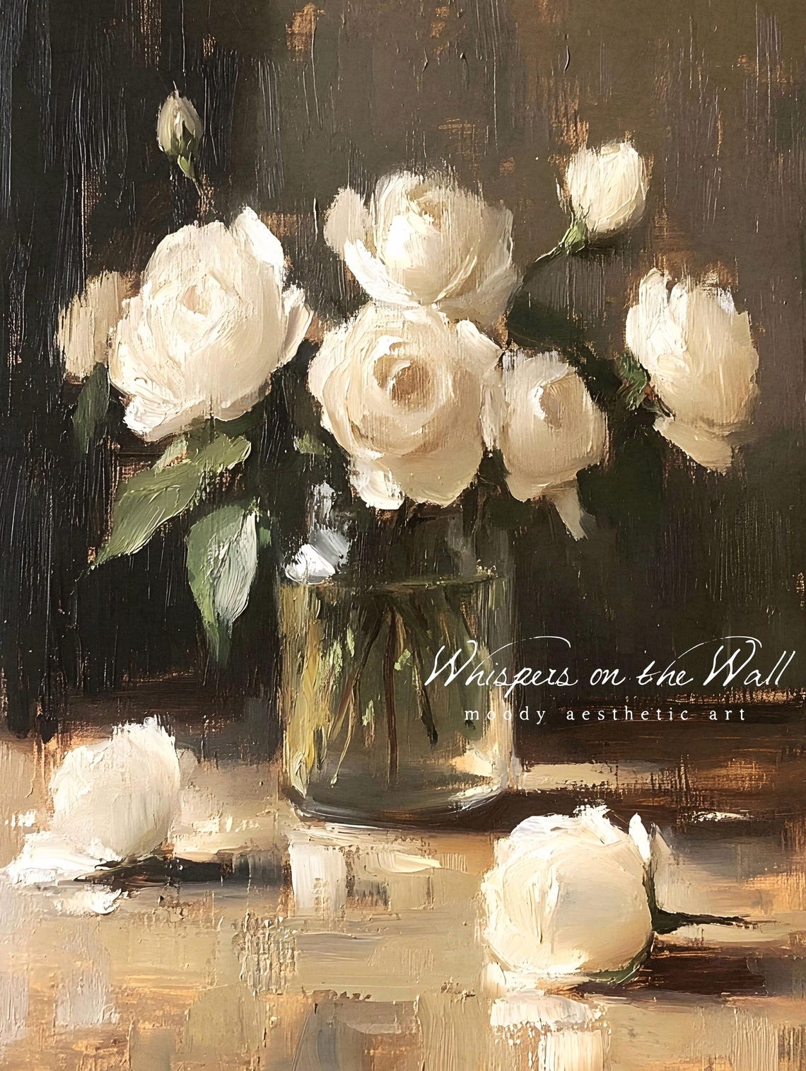 White Roses In Glass Vase Moody Dark Background Floral Poster - Image 5