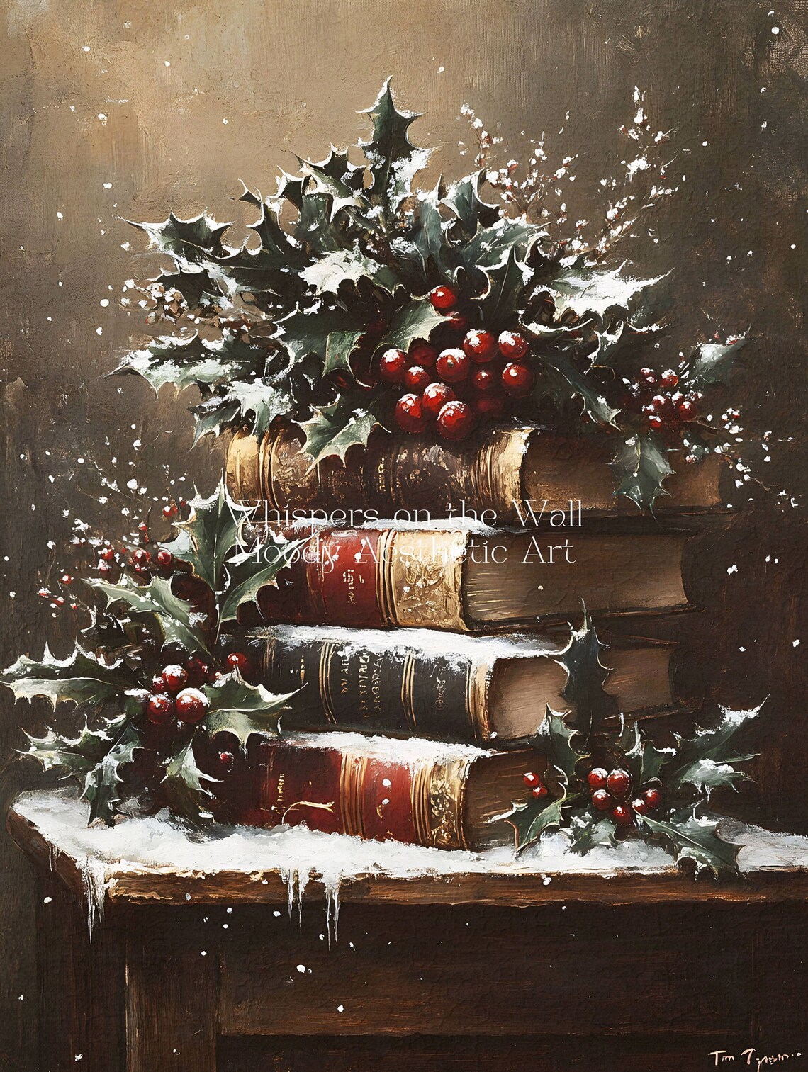 Christmas Rustic Book Still Life, Moody Winter Art Print - Image 5