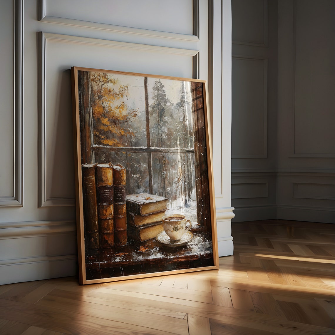 Books and Coffee Cup by Window Cozy Winter Library Painting Poster - Image 4