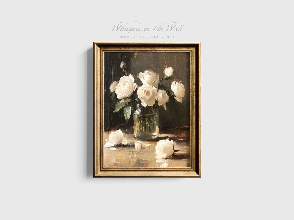White Roses In Glass Vase Moody Dark Background Floral Poster - Image 4