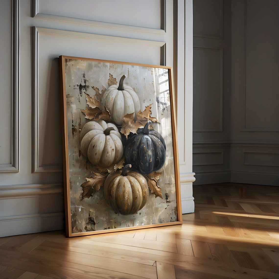 White and Black Pumpkins Stack Neutral Fall Art Painting Poster - Image 6