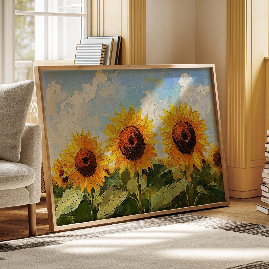 Sunflower Field Under Bright Sky, Oil Painting Style