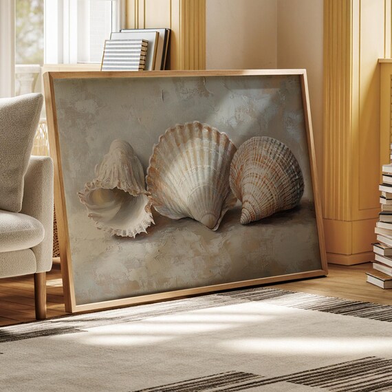 Elegant Seashell Trio Still Life Coastal Inspired Oil Painting With Natural Textures And Serene Hues