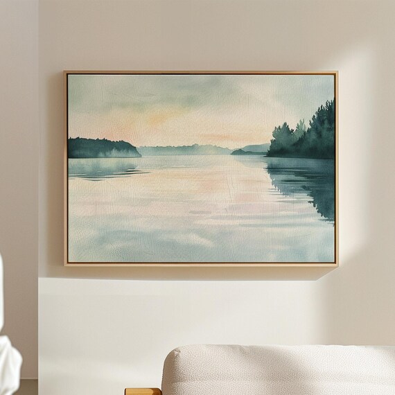 Serene Sunrise Over A Misty Lake With Gentle Reflections And Distant Forest In A Calming Watercolor Landscape Painting Style Decor