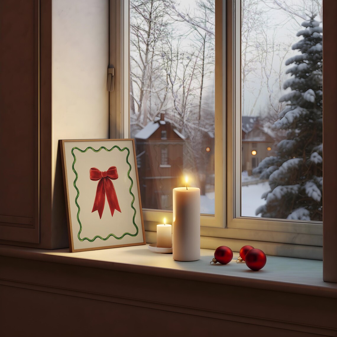 Red Velvet Bow Green Scallop Border Coquette Christmas Poster - Image 2