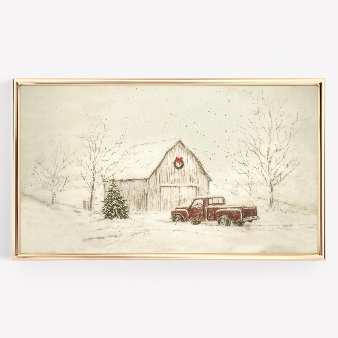 Vintage Red Truck and Barn in Snow Christmas Farmhouse Wall Art - Image 3