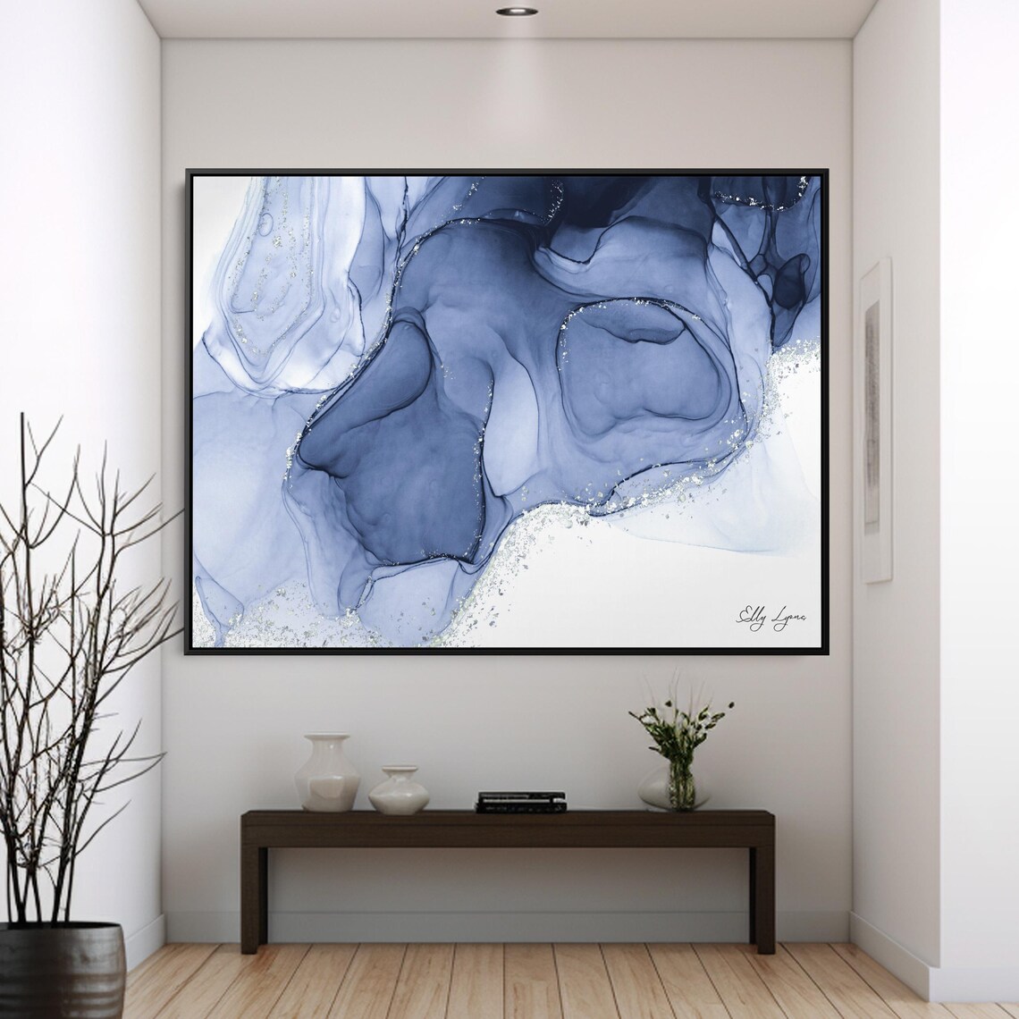 Blue Silver Marble Abstract, Modern Wall Art Print