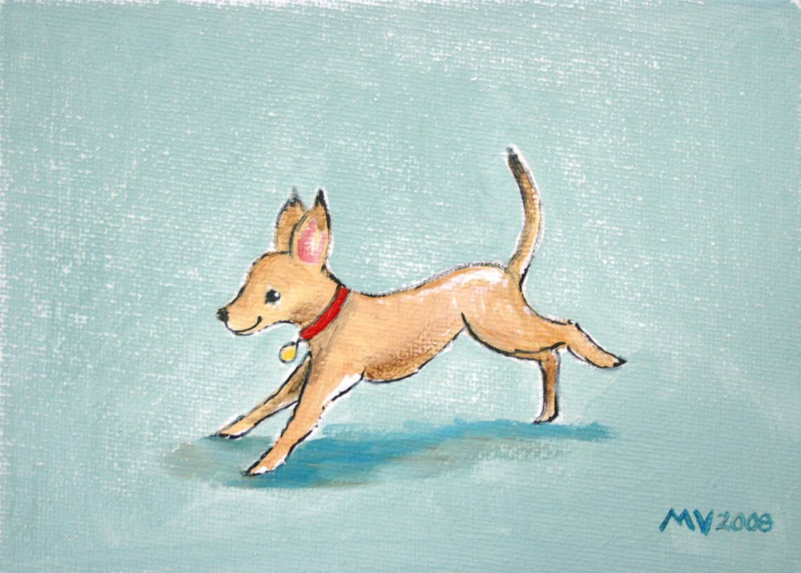 Playful Tan Chihuahua Stretching Aqua Background Puppy Art Poster