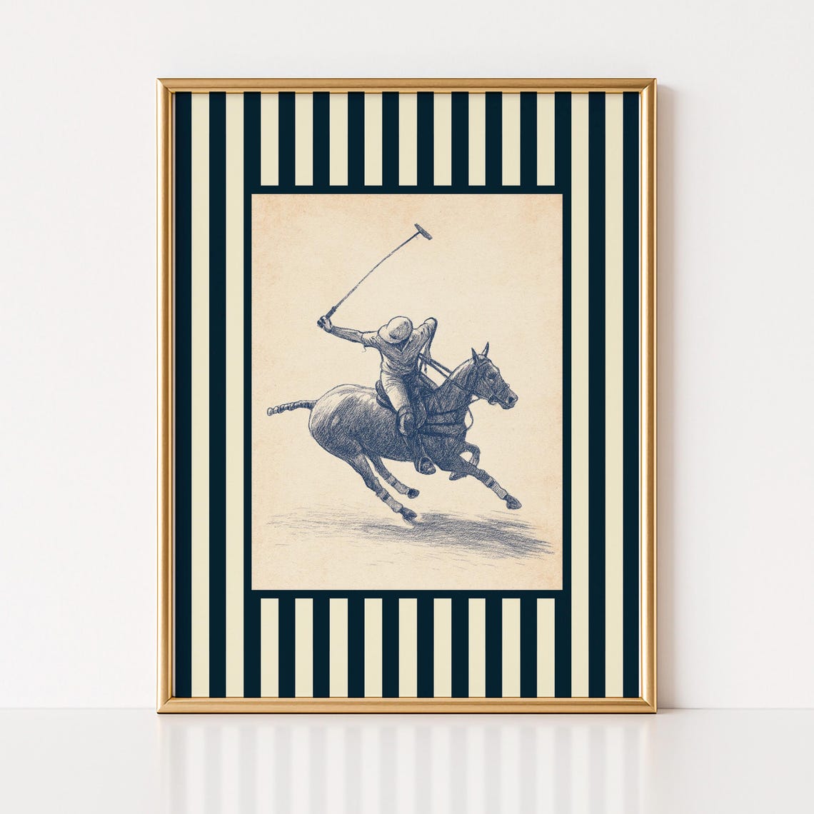 Vintage Polo Player Horse Sketch Navy Striped Equestrian Poster