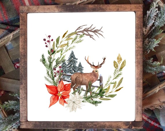 Stag Poinsettia Pine Wreath Winter Berries Christmas Watercolor Poster