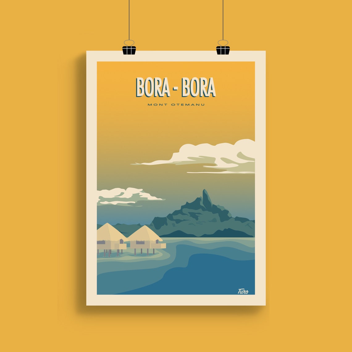 Bora-Bora Mont Otemanu Overwater Bungalows Golden Travel Poster - Image 2