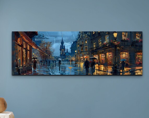 Rainy European Old Town Street Night Panoramic Cityscape Poster