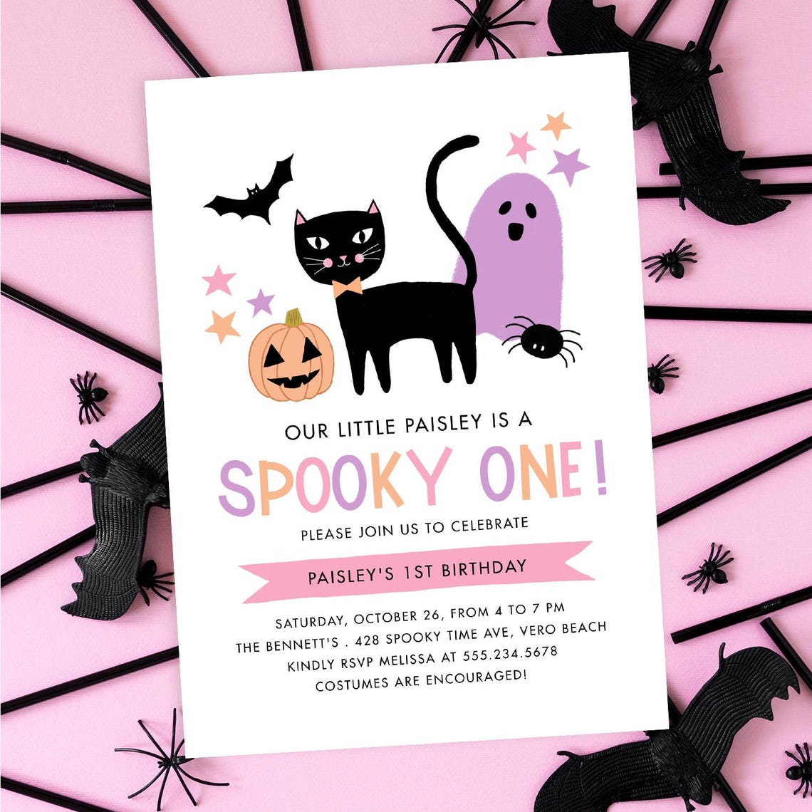 Cute Pastel Halloween Spooky One First Birthday Invitation Print - Image 3