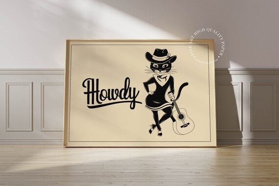 Howdy Illustrated Cowgirl Cat with Guitar Vintage Western Poster