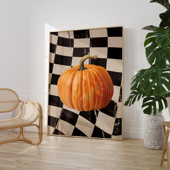 Retro Pumpkin Kitchen Art Print Food Poster Vintage Vegetable On Checkerboard Printed On Luxury Paper