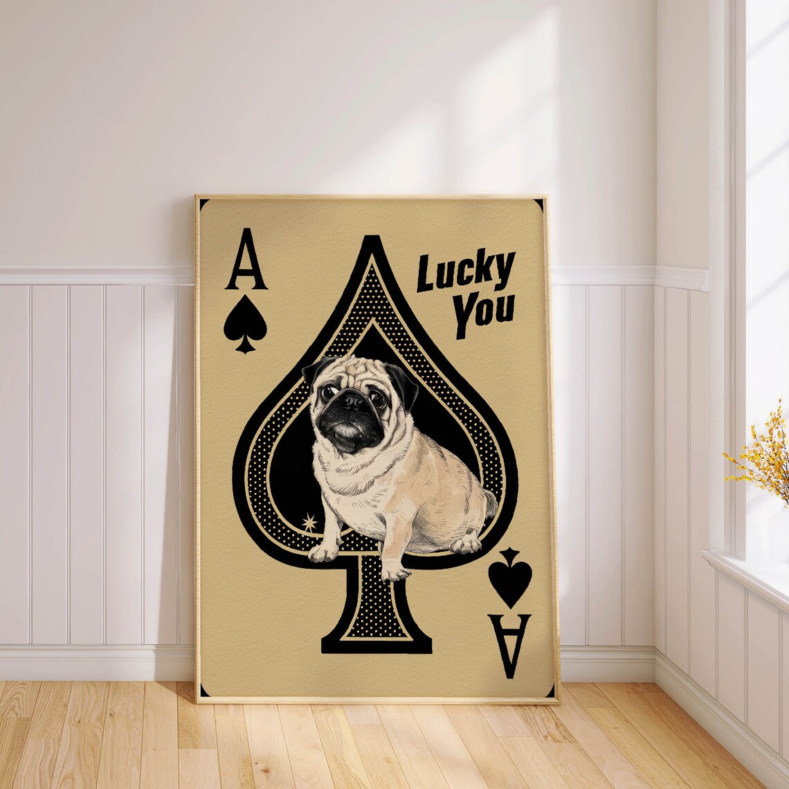 Lucky You Pug Inside an Ace of Spades Vintage Gold Poker Poster - Image 3