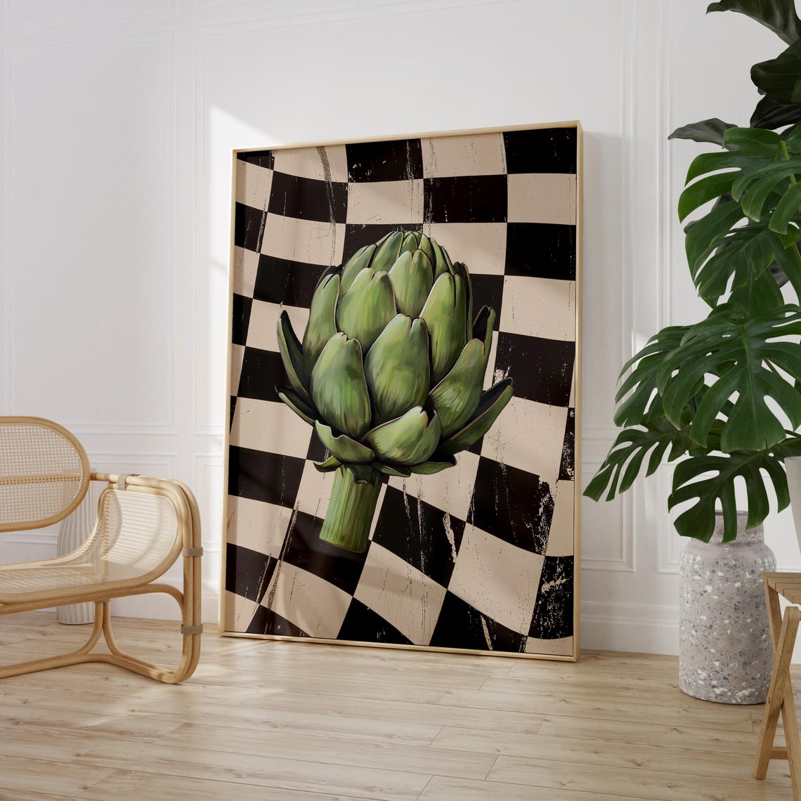Retro Vintage Artichoke Painting on Black Checkerboard Kitchen Print - Image 3