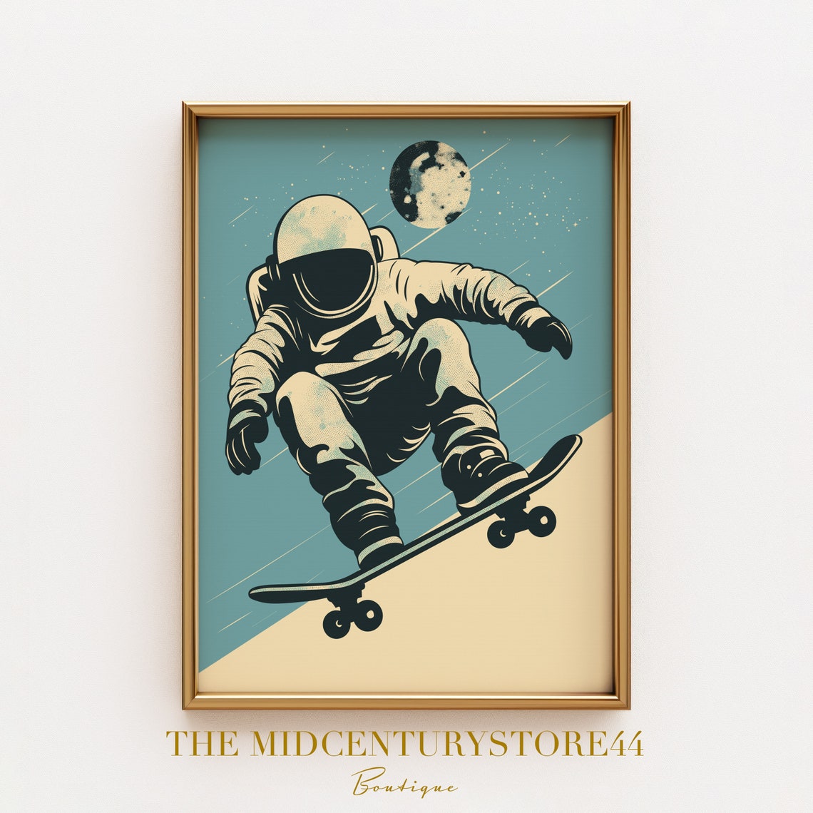Retro Astronaut Skateboarder Riding Under a Cratered Moon Poster - Image 2