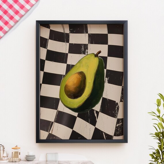 Retro Avocado Kitchen Art Print Food Poster Vintage Vegetable On Checkerboard Printed On Luxury Paper