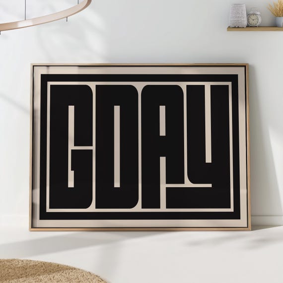 Gday Wall Art Australian Typography Print Kiwi Modern Minimalist Word Art Bold Black And White Print