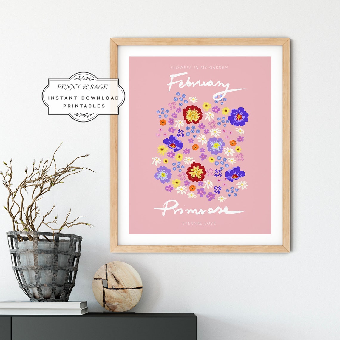 February Primrose Flower Market Birth Month Botanical Poster