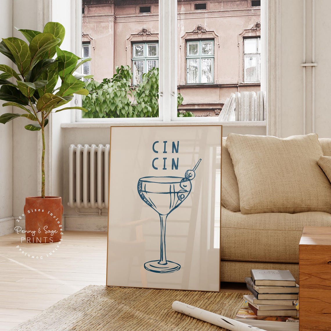 Cin Cin Blue Martini Glass Cocktail Line Drawing Bar Art Poster