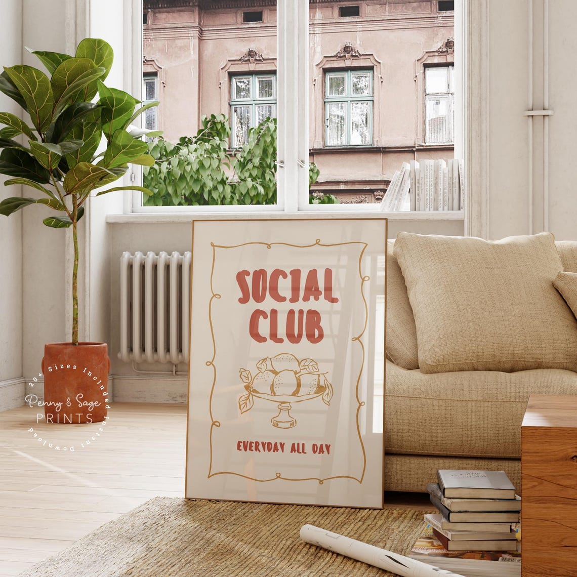 Social Club Print Bar Cart Decor Kitchen Print Hand Drawn Lemon Poster Art Cooking Club Foodie Lover Gift Foodie Art