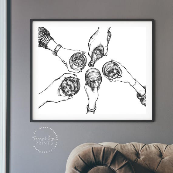 Trendy Bar Cart Print Cocktail Kitchen Art Bar Drinking Decor Cheers Print Friend Drinking Gift Minimalist Horizontal Print