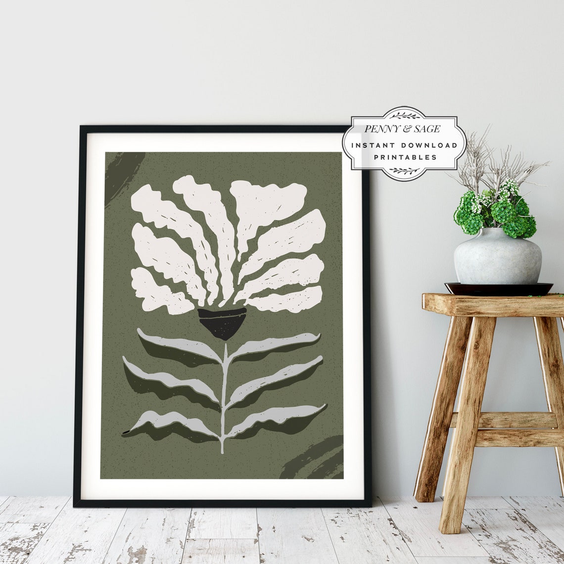 Sage Green Botanical Poster Abstract Leaf Branch Organic Modern Decor - Image 3