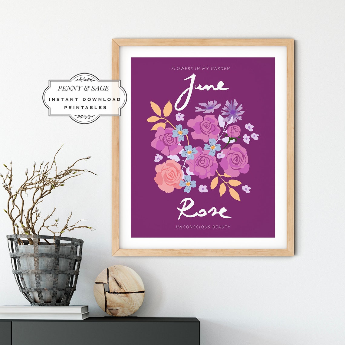Flower Market June Month Print Botanical Wall Art Monthly Flower Wall Art Flower Market Poster Floral Art Rose