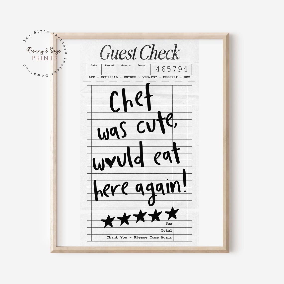 Chef Was Cute Would Eat Here Again Guest Check Kitchen Quote Poster - Image 2