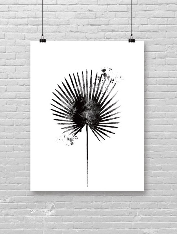 Fan Palm Leaf Black White Botanical Ink Minimalist Art Poster