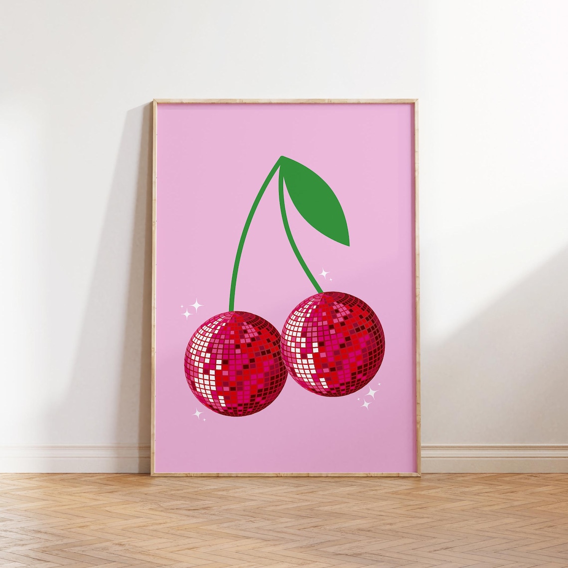 Disco Ball Cherry Retro Pink Sparkly Kitchen Decor Nightclub Style Poster