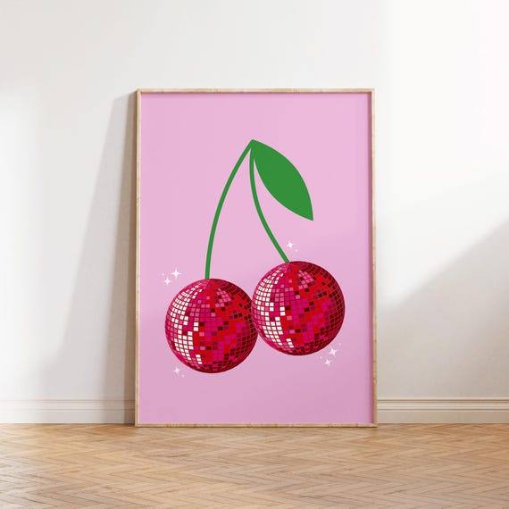 Cherry Disco Ball Print Trendy Retro Wall Art Pink Gallery Cute Kitchen Home Decor Poster 2435