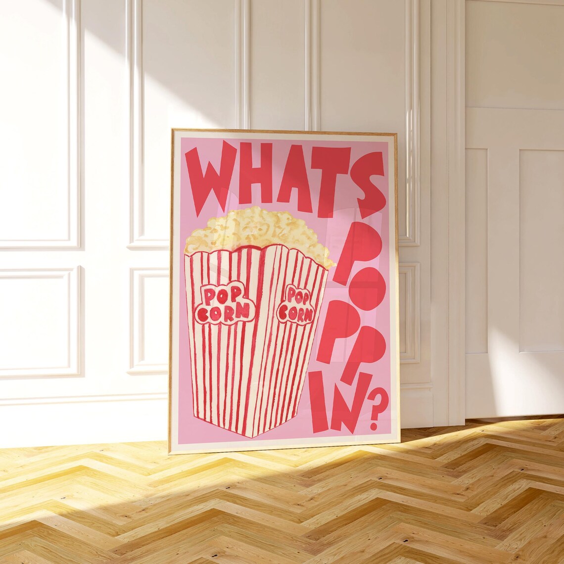 Retro Popcorn Art Print, Pink Cinema Kitchen Decor