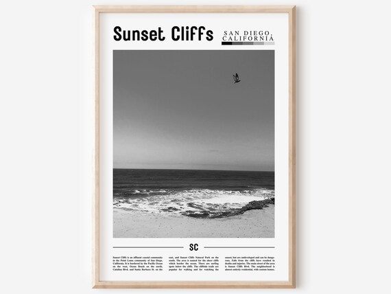Sunset Cliffs Poster Black And White Sunset Cliffs Print Black And White Sunset Cliffs Wall Art Minimal Travel Print Travel Poster