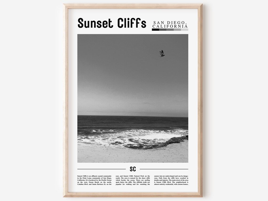Sunset Cliffs Poster Black And White Sunset Cliffs Print Black And White Sunset Cliffs Wall Art Minimal Travel Print Travel Poster