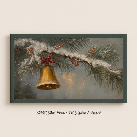 Samsung Frame Tv Art Antique Christmas Bell On Snowy Pine