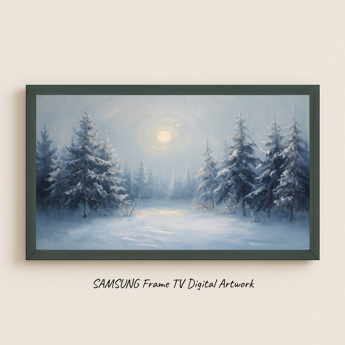 Moonlit Snowy Pines Winter Night Painting Print Frame TV Art