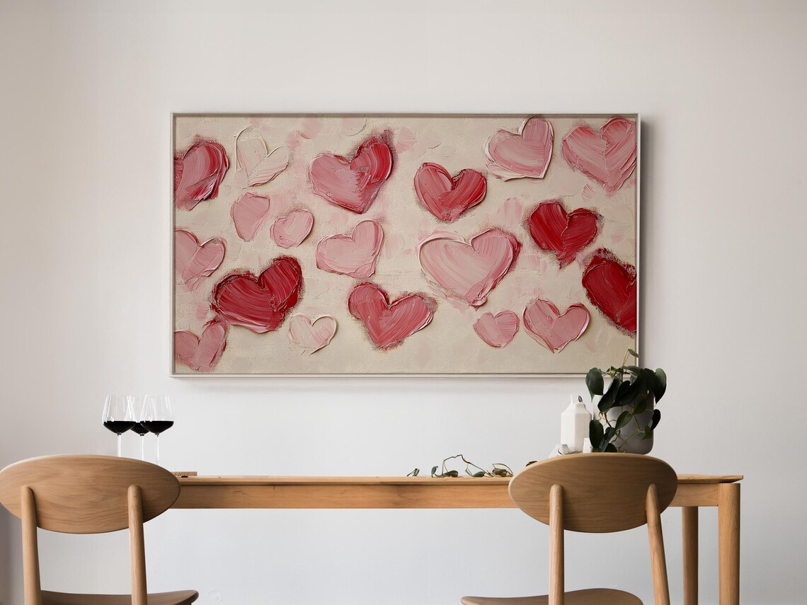 Romantic Textured Heart Painting Frame Tv Art Oil Paint Abstract Pink Red Palette Love Art Trendy Popular Modern - Image 5