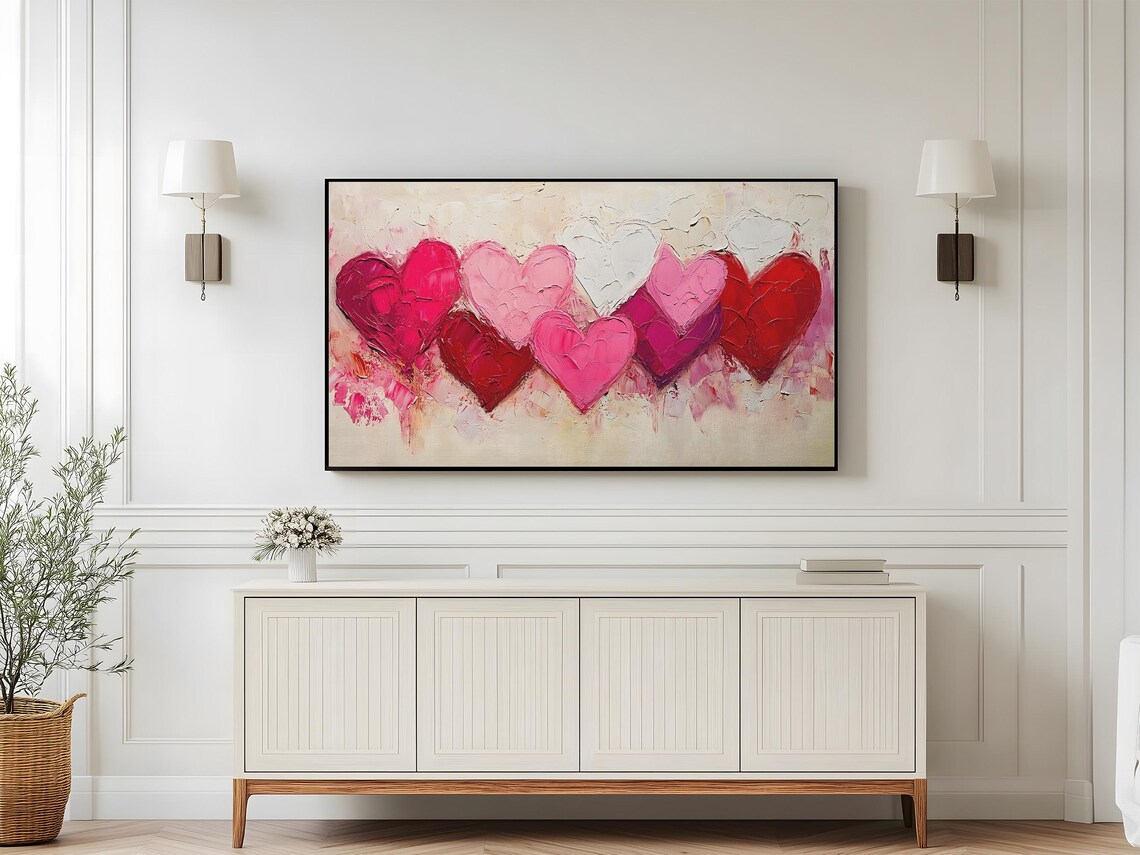 Romantic Textured Heart Wall Art Frame Tv Painting Abstract Oil Paint Frame Tv Decor Pink Red Palette Trendy - Image 5