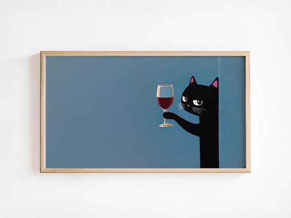 Black Cat Holding Red Wine Glass Minimalist Funny Wine Lovers Wall Art