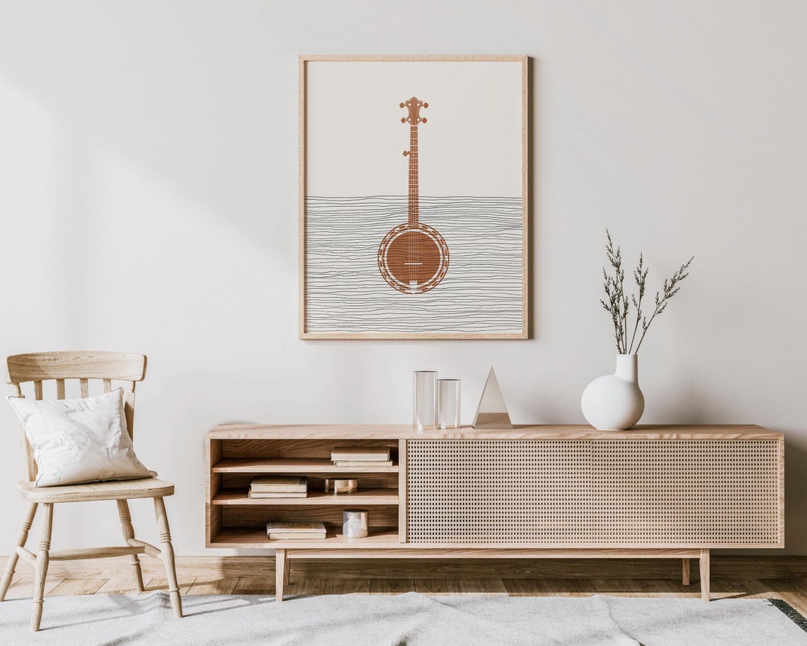 Terracotta Banjo Silhouette Wavy Line Bluegrass Music Poster