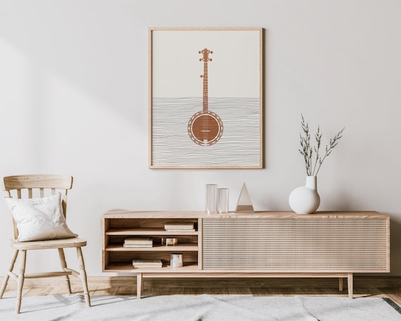 Terracotta Banjo Silhouette Wavy Line Bluegrass Music Poster