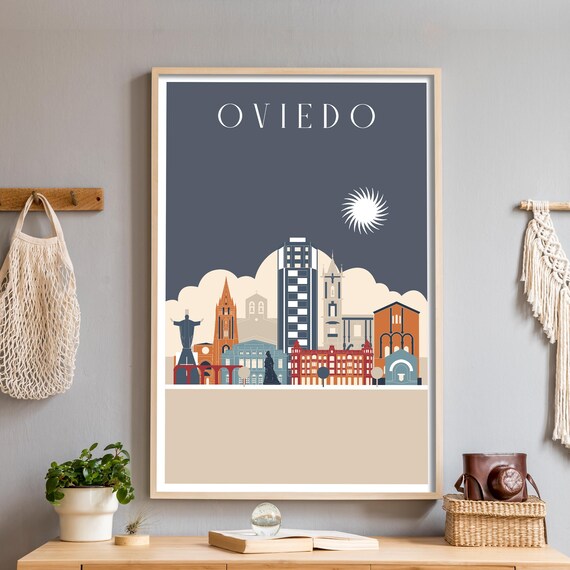 Oviedo Spain Minimalist Night Skyline Travel Poster with Spiky Sun