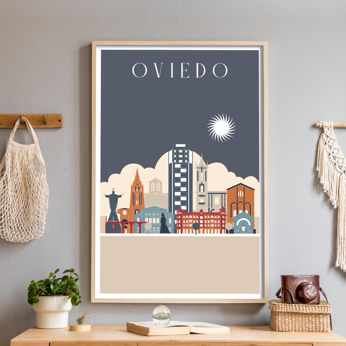 Oviedo Spain Minimalist Night Skyline Travel Poster with Spiky Sun