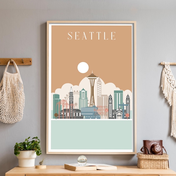 Seattle Washington Illustrated Skyline With Space Needle Poster