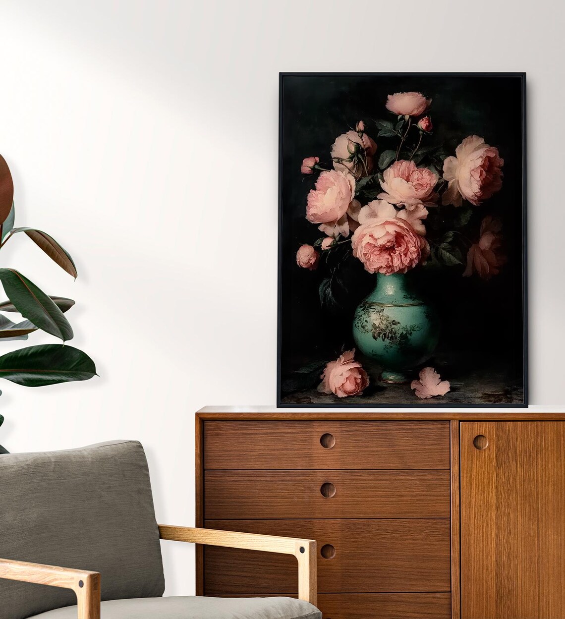 Moody Pink Roses Green Vase Dark Floral Still Life Vintage Art Poster - Image 6