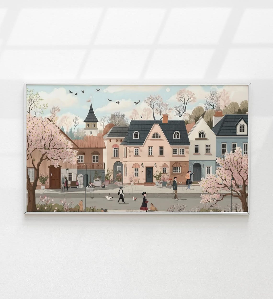 Pink Cherry Blossom Village Street Spring European Town Art Poster