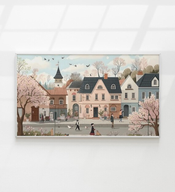 Pink Cherry Blossom Village Street Spring European Town Art Poster